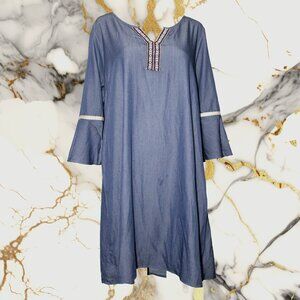 NAIF BELL SLEEVE ALINE SHIFT TUNIC DRESS WITH EMBROIDERED TRIM